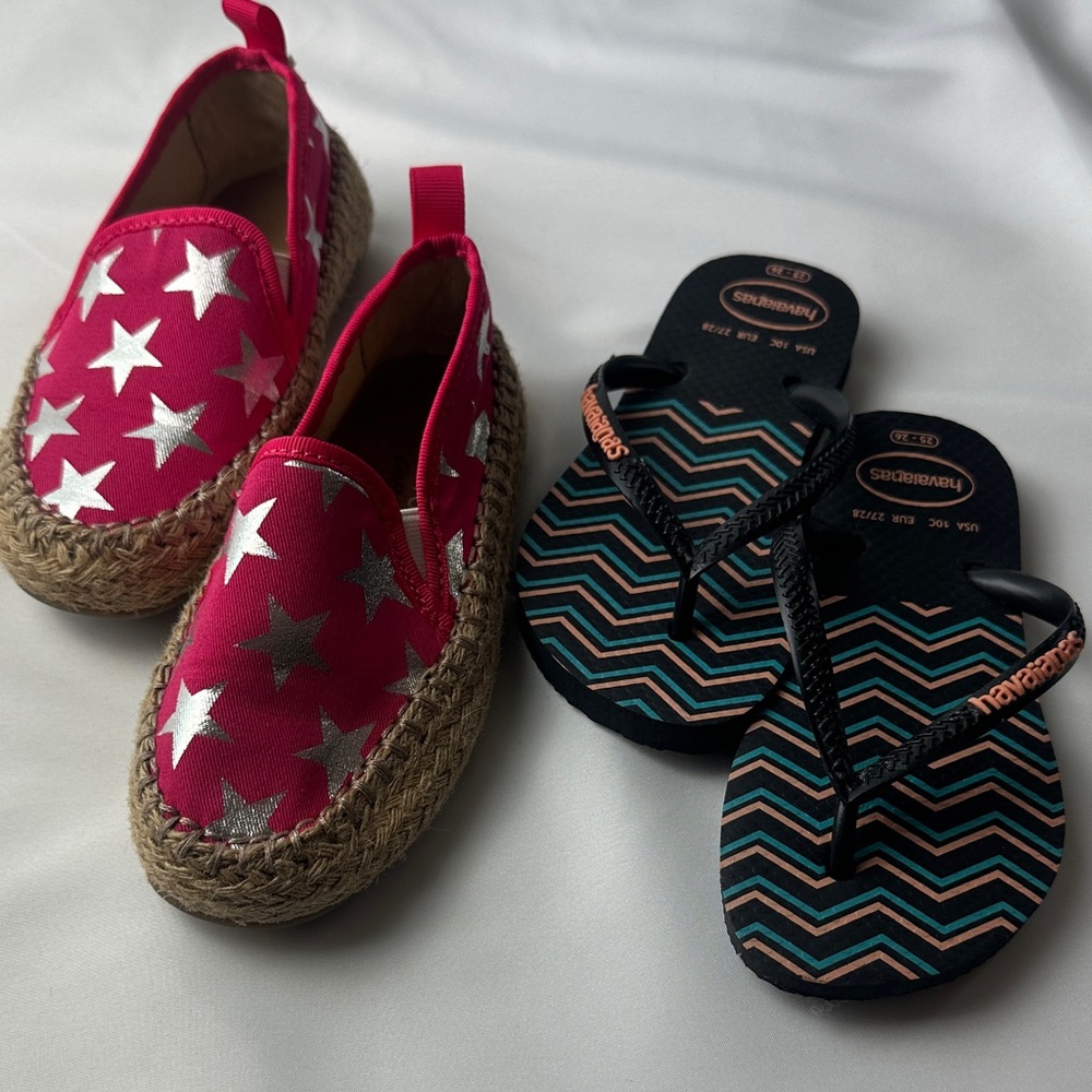 EMU Pink Star Espadrille & Havianas Black Flip Flops Girls Shoes- sz K9 (~Tod10)